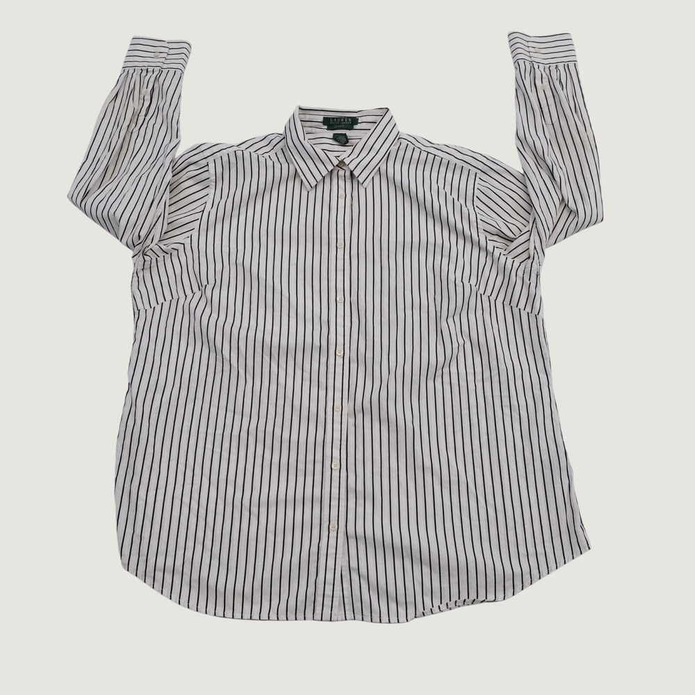 Lauren Ralph Lauren Shirt Womens 1X White Black Striped Cotton Button Down Top